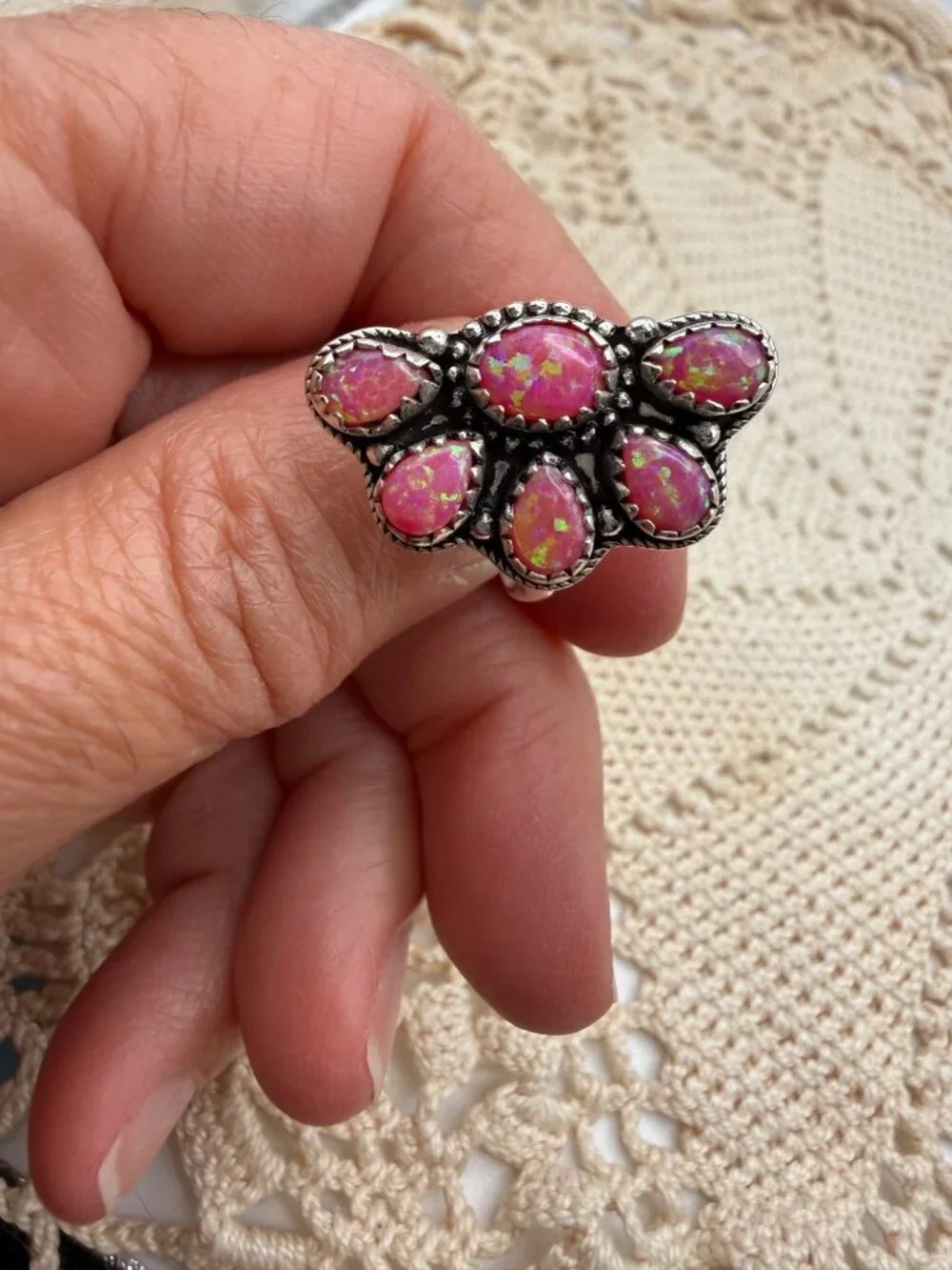 Artisan Sterling Silver Pink Balloon Opal Floral Cluster Statement Ring Sz 6.75